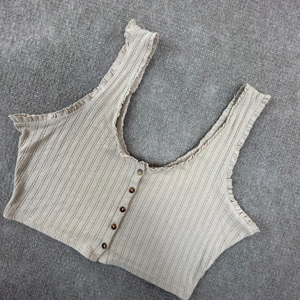 Cotton On Crop Top Womens Large Beige Ruffle Trim Button Front Ribbed Tight Knit